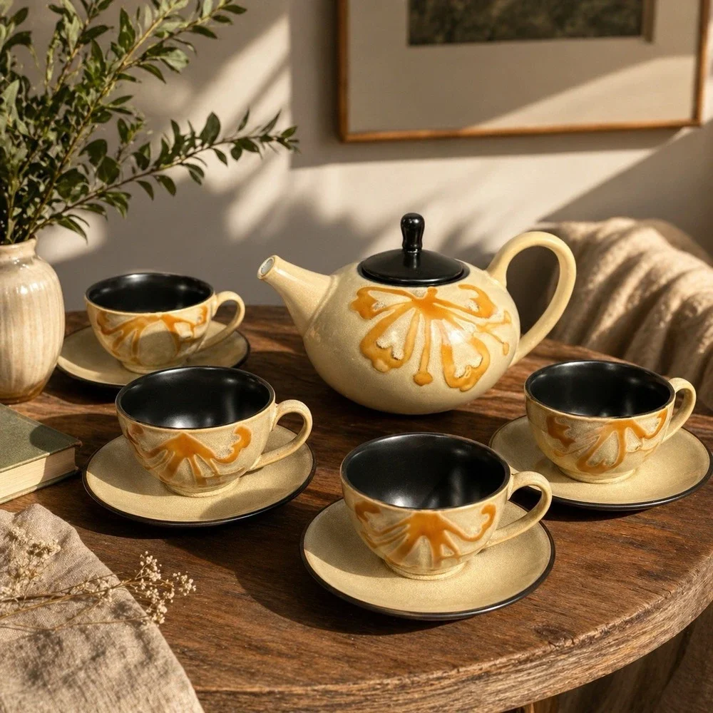 Pier 1 Kioko Stoneware Teapot 4 Cup & Saucer Set Handpainted Japan Style MCM